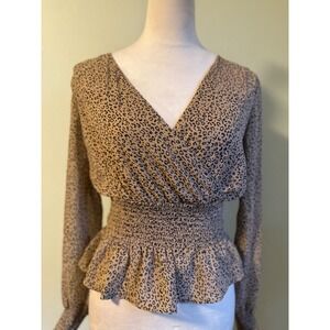 Tan Leopard Long Sleeve Smocked Waist Peplum Top boho Y2K small whimsigoth fairy